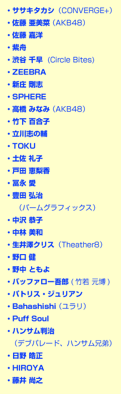 ササキタカシ（CONVERGE+） 佐藤 亜美菜 （AKB48） 佐藤 嘉洋 紫舟 渋谷 千早  (Circle Bites) ZEEBRA 新庄 剛志 SPHERE 高橋 みなみ （AKB48） 竹下 百合子 立川志の輔 TOKU 土佐 礼子 戸田 恵梨香 冨永 愛 豊田 弘治  （パームグラフィックス） 中沢 恭子 中林 美和 生井澤クリス（Theather8）　 野口 健 野中 ともよ バッファロー吾郎 (竹若 元博) パトリス・ジュリアン Bahashishi （ユラリ） Paff Soul ハンサム判治（デブパレード、ハンサム兄弟） 日野 皓正 HIROYA 藤井 尚之